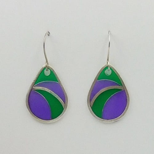 DKC-1049 Earrings, purple, green cloisonné at Hunter Wolff Gallery